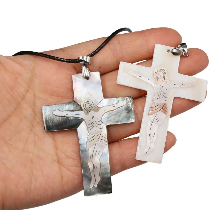 Popular Necklace Leather Chain Abalone Shell Cross Pendant Necklace Religion Jewelry Gifts for Men Women Girls