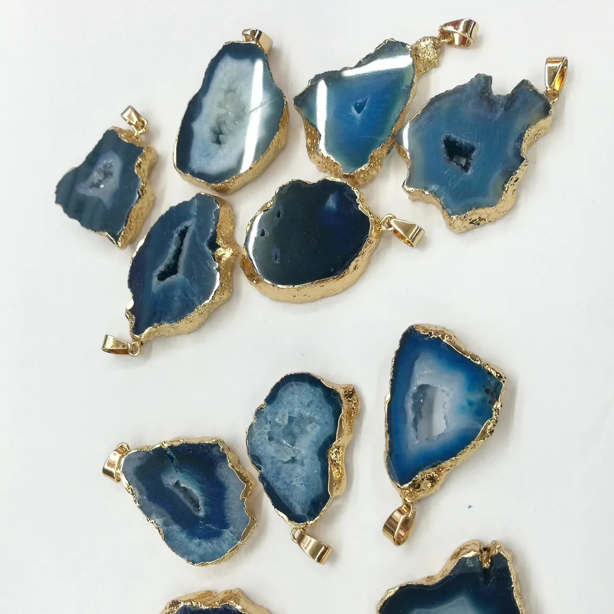 Natural Stone Agate Slice Druzy Geode Quartz Gold Plated Pendant Necklace for Women and Men