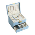 Luxury Blue PU Leather Ring Earring Necklace Drawer Jewelry Box Organizer with Lock and Handle
