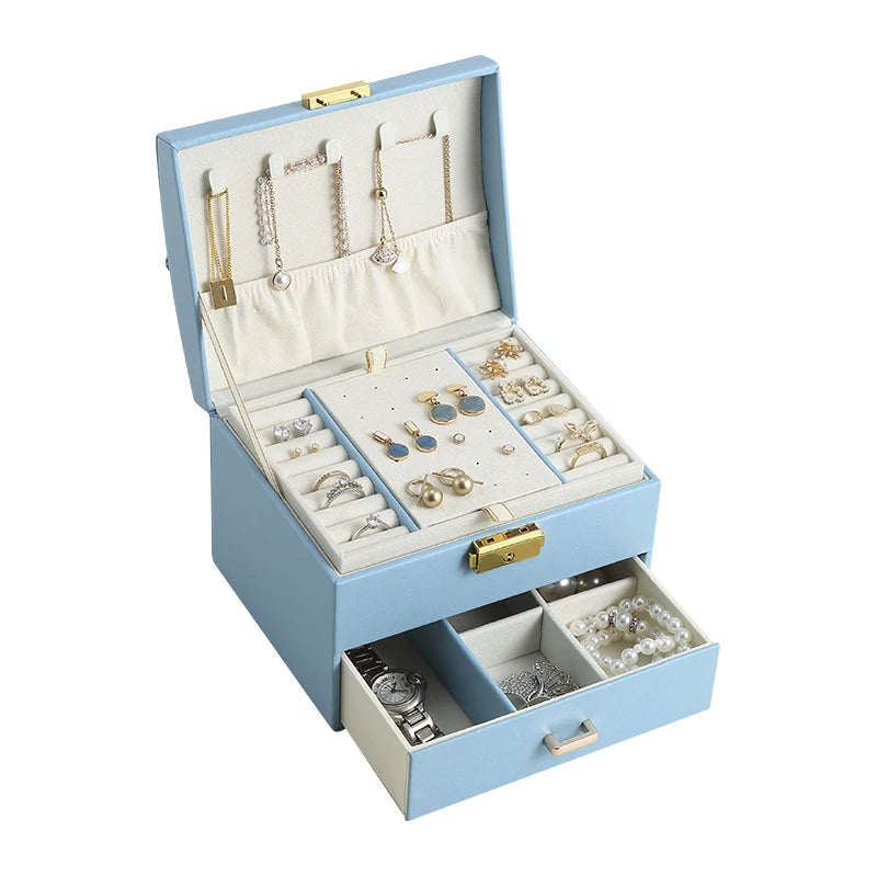 Luxury Blue PU Leather Ring Earring Necklace Drawer Jewelry Box Organizer with Lock and Handle
