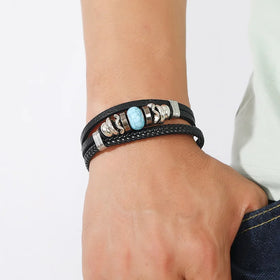 Fashion Unisex Woven Leather Beaded Bracelet with Turquoise Popular Style Anniversary Jewelry Bracelets for Gift