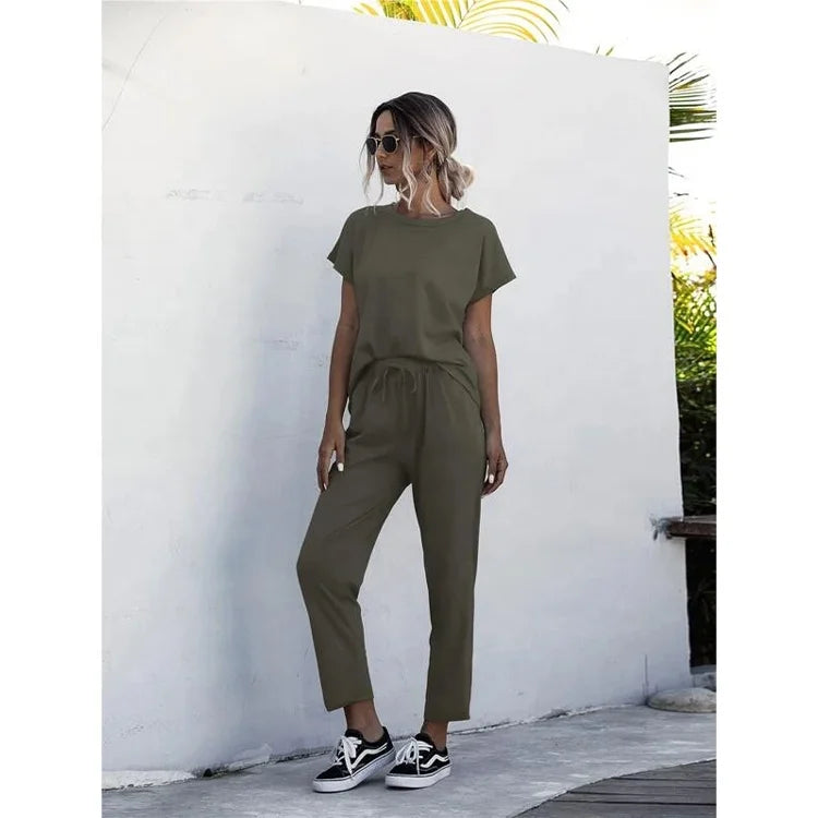 F230063 Custom Hoodie Tracksuit 2 Piece Pants Sets Women Casual Short Sleeve T Shirt Long Pants Trousers Suit Women Hoodie Set