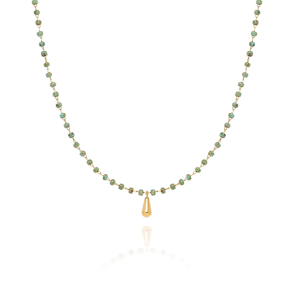 Fenny Wholesale 18K PVD Plated No Fade Luxury Vintage Blue-green Rice Bead Teardrop Pendant Stainless Steel Necklace for Women