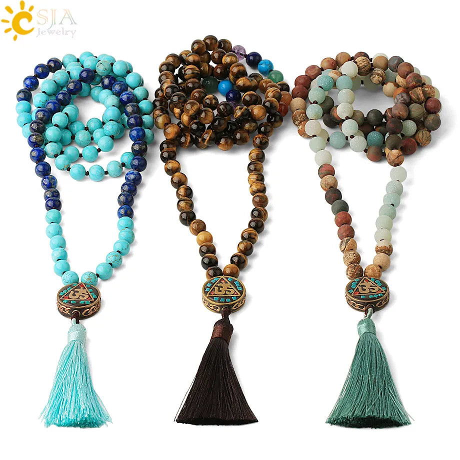 CSJA 7 Chakra 108 Mala Necklace Gemstone Beaded Reiki Natural Black Stone Tassel Necklace G562