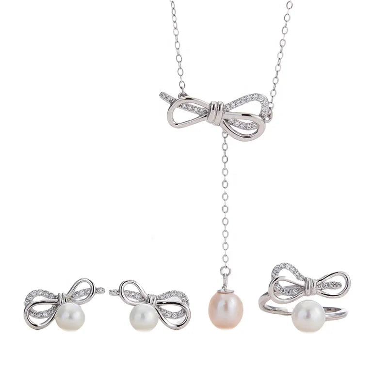 JW016 6-8mm DIY Natural Real Freshwater Pearl Set Charm  Accessories 925 Sterling Silver  Gold Plated Jewelry Set for Women