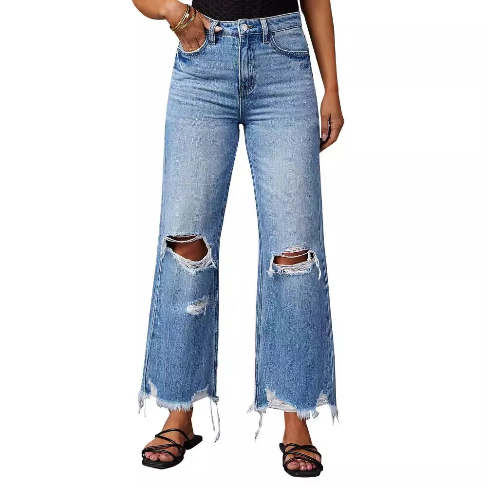 2025 New Arrival Women's High-Waist Jeans Wide-Leg Trousers With Tassels Washed Ripped Straight Casual Denim Pants