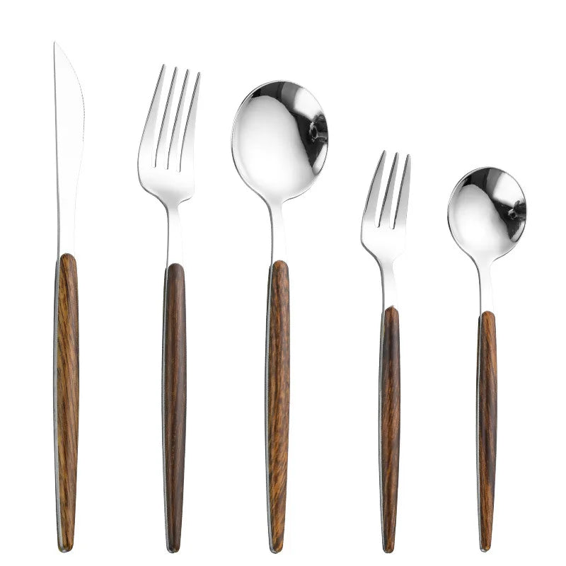 Eco Friendly Steak Knife Flatware Set Silverware Cutlery Stainless Steel Spoon with Wood Handle