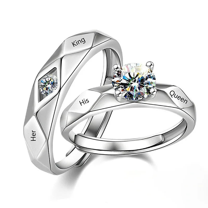 Custom Couple Ring Engraved Letter His Queen Her King Zircon Micro Paved Open Adjustable Wedding Rings