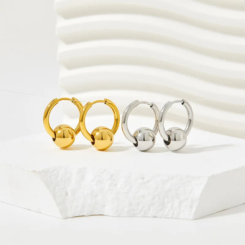 Wholesale Luxury Trendy Western Style Small Stainless Steel 14k Gold Charm Round Bead Huggie Hoop Earring Jewelry