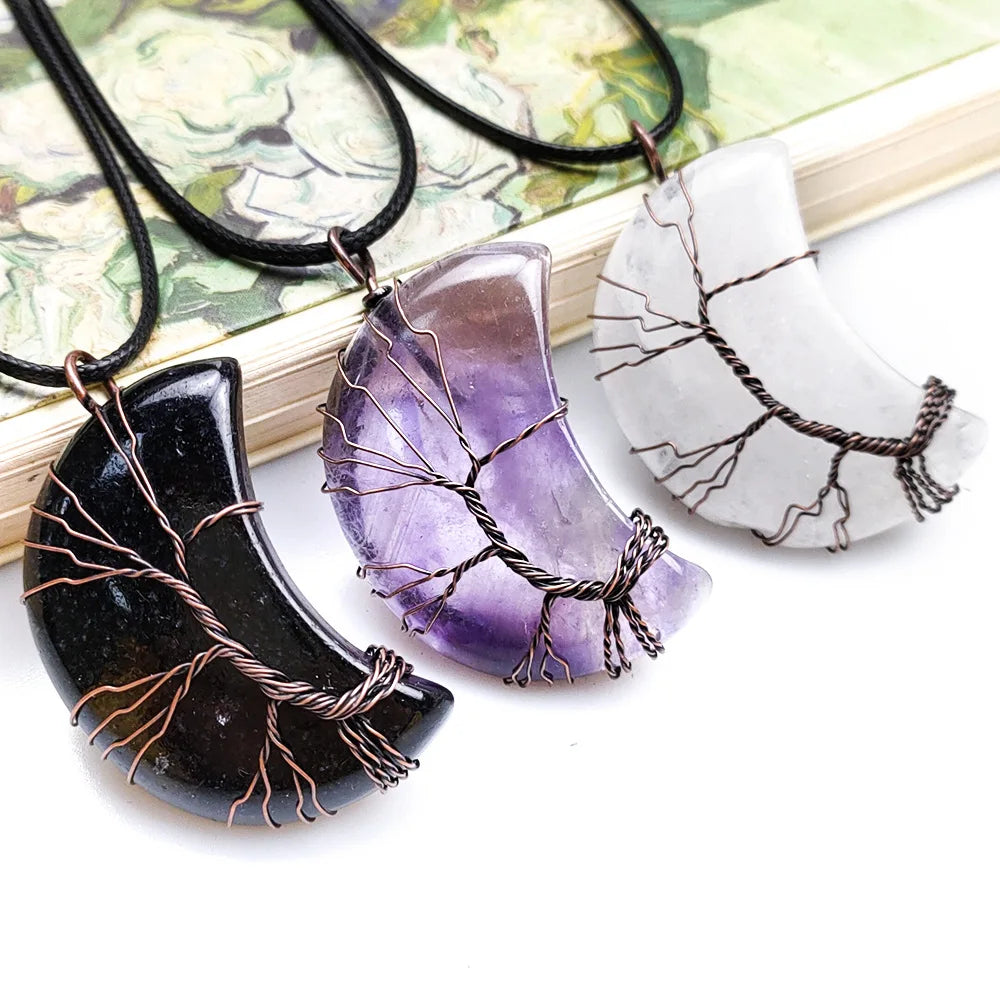 Children's Natural Crystal Stone Tree of Life and Crescent Moon Pendant Wire Wrapped Reiki Healing Gemstone Perfect Gift