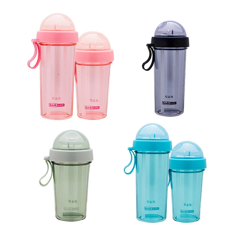 420ml 600ml Double Straw Drink Bottle Milk Juice Portable Dual Chamber Bottle Plastic Water Bottle With Two Compartment