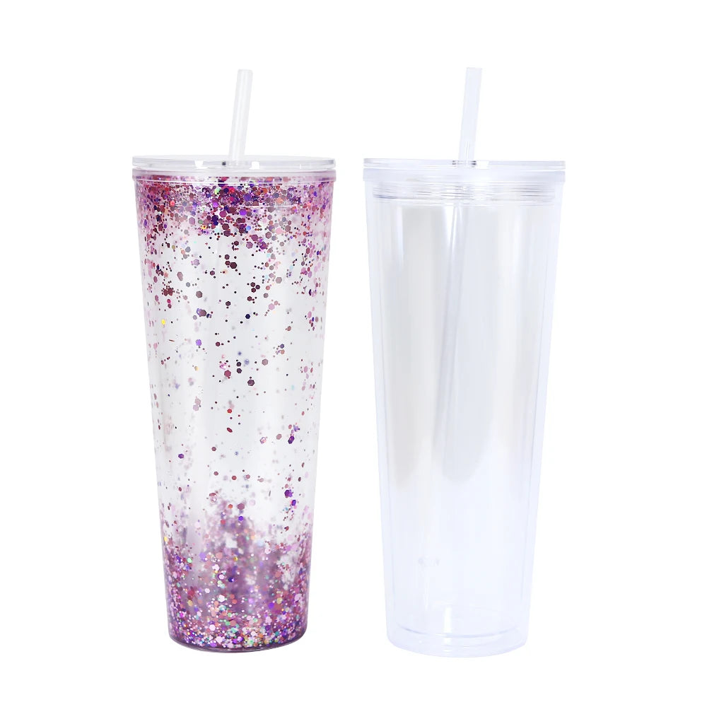 Customized Plastic Double Wall Tumbler 24oz Acrylic Snow Globe Tumbler with Straw and Plug