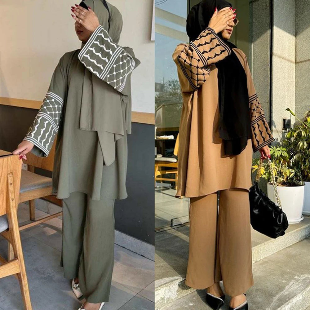 Hot Selling Modest Muslim Two-Piece Set Wrinkle Crepe Embroidery Top Pants for Women Traditional Clothing Middle East Turkey