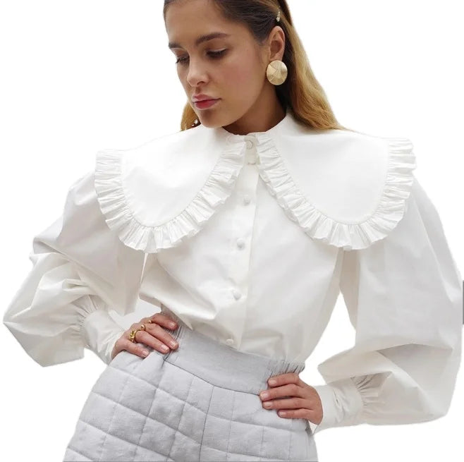 2024 Women's French Style Doll Neck White Pure Cotton Shirt Wooden Ear Edge Long Sleeved Shirt