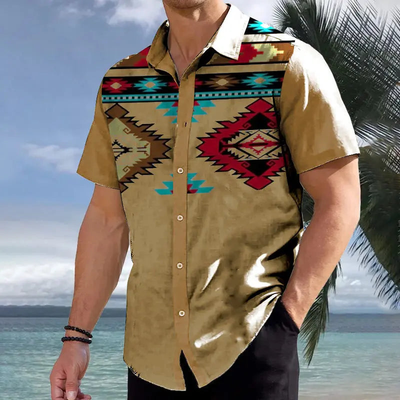 Vintage Aztec Button Down Beach Shirts for Men Custom Casual Loose Plus Size Anti-Wrinkle Geometric Pattern Low MOQ