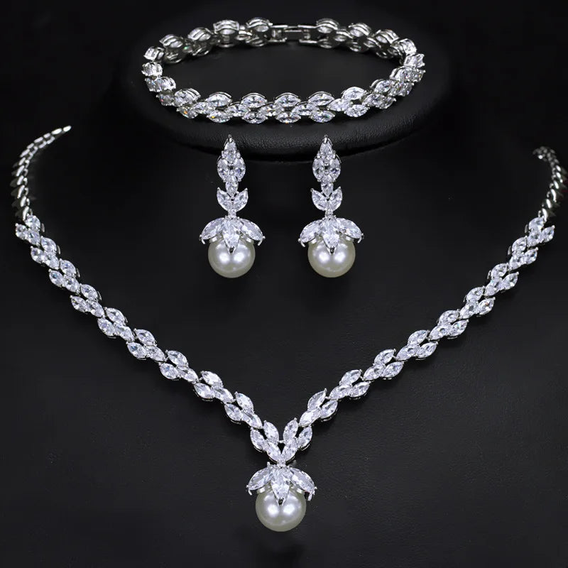 Fashion Luxury Three-piece Bling Diamond Pearl Fine Jewelry Sets Bracelet Earring Necklace Zirconia Jewelry Set