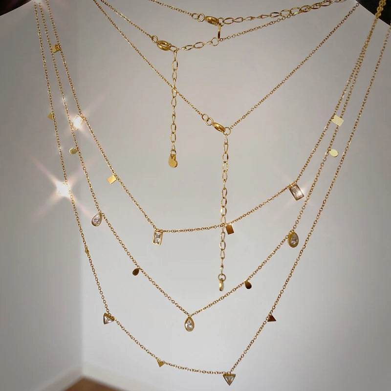 3 Designs Cubic Zircon Round Circle Gold Necklaces Waterdrop Rectangle Choker Necklaces for Women Stainless Steel Dainty Jewelry