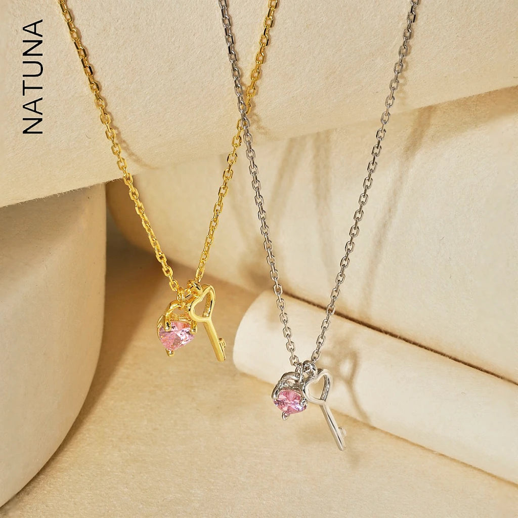 Pink Heart Zircon Key Pendant Collar En Plata 925 Silver Necklace Fine Jewelry Charm 2023 Trendy Pendant Necklace for Women
