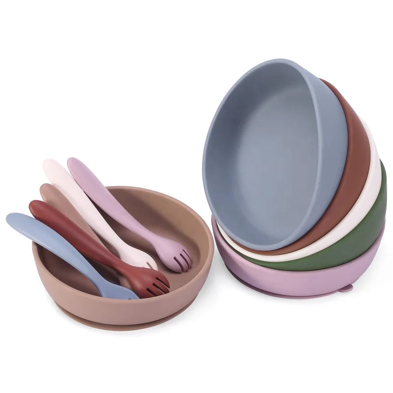 Silicon Bowl Spoon Sendok Set Feed Bowl Suction Plate Bpa Free Training Baby Feeding Silicone Spoons and Fork