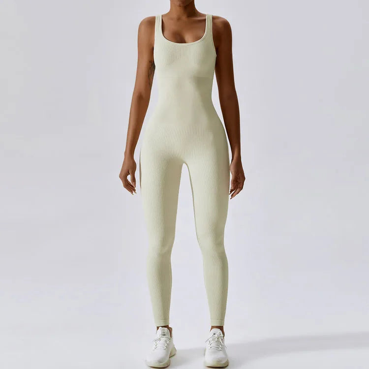 Hot Sell Elastic Solid Yoga Pilates Ribbed Yoga Sets Fitness Women One Piece Jumpsuit Seamless Yoga Leggings