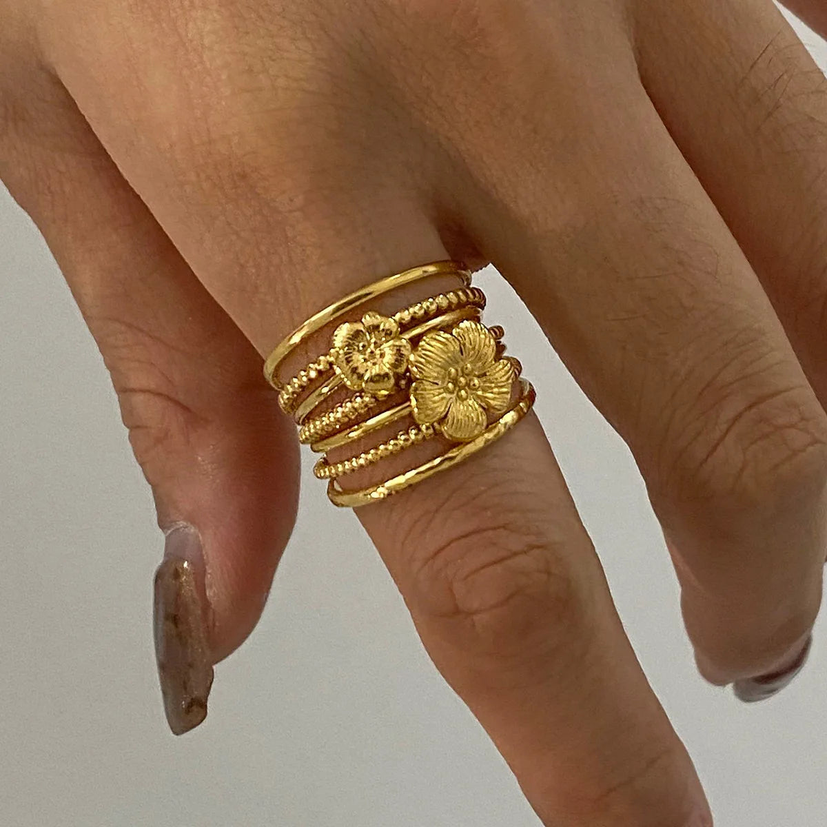 MC152 Wholesale Stainless Steel PVD 18K Gold Plated Flower Shape Ring Multilayer Stackable Rings Fashion Jewelry for Women Gift