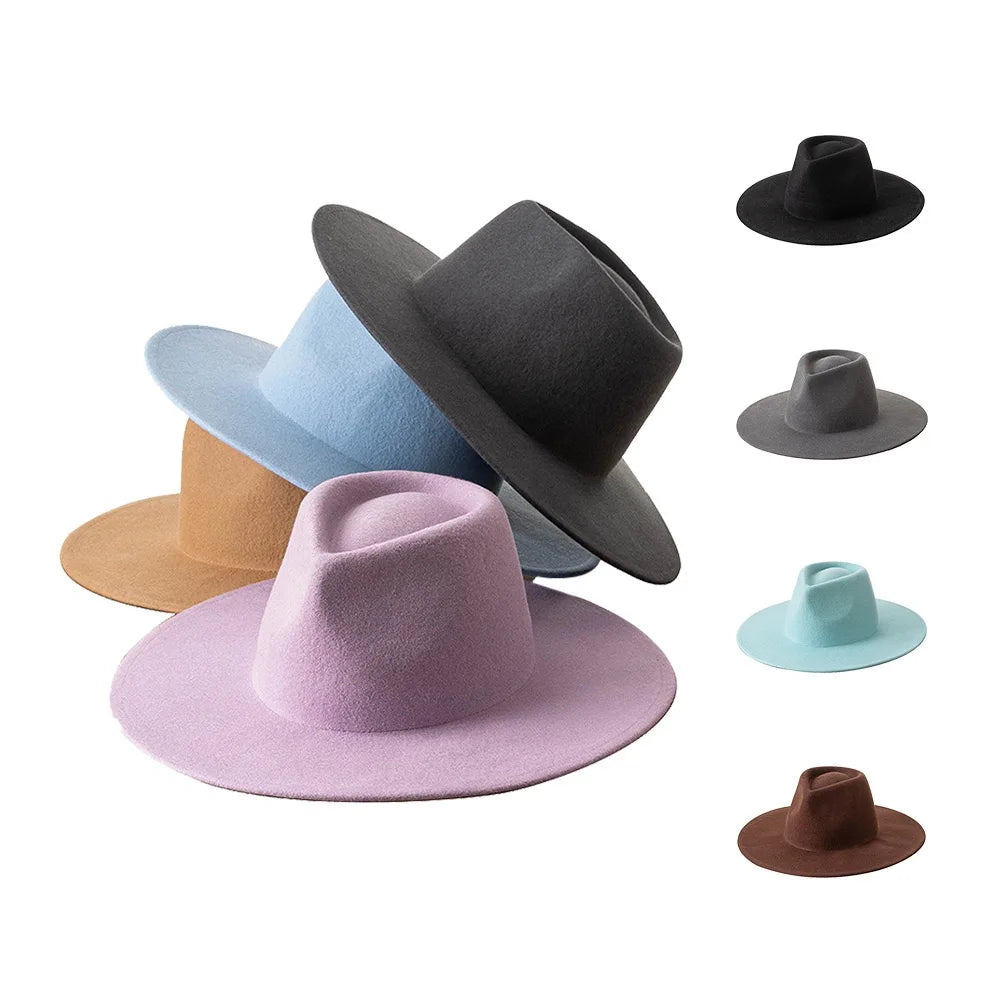 Fall Winter New Trendy Colour Fashion Women Fadora Hat Sombreros High Quality 100% Wool Felt Hat Lady Wide Brim Fedora Hats