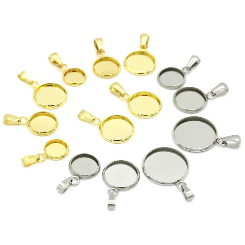 Wholesale PVD Gold Stainless Steel Round Blank Bezel Pendant Connector Trays Base Cabochon Settings Trays for Jewelry Making