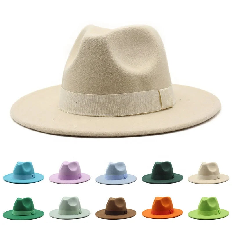 Wholesale Custom New Trend Unisex Fedora Hats Wide Brim Faux Wool Felt Jazz Cap Panama Hat in Solid Color for Casual Wear