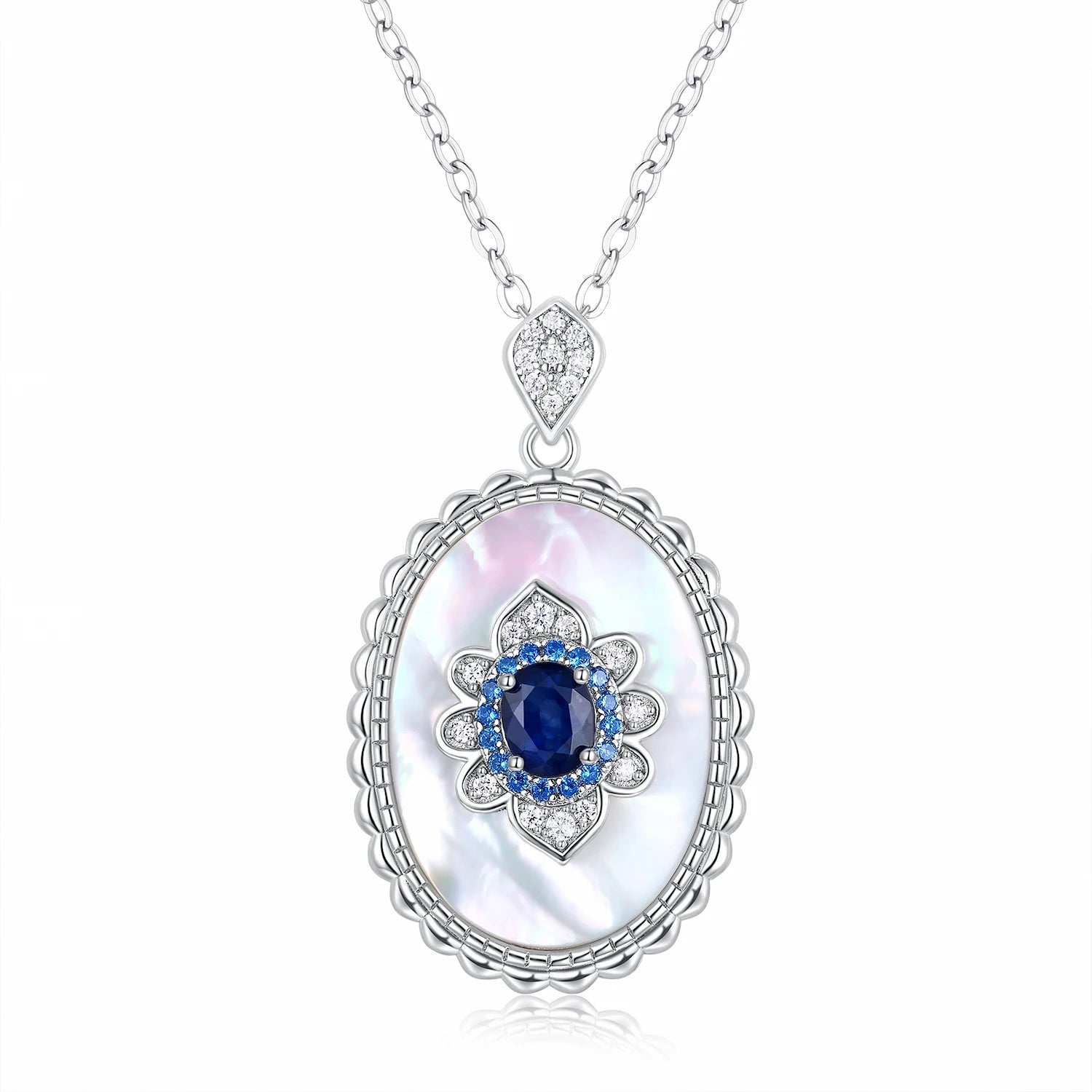 YBO Rhodium Plated 925 Sterling Silver Classic Pendant Necklace for Women Natural Blue Sapphire CZ Weddings Parties