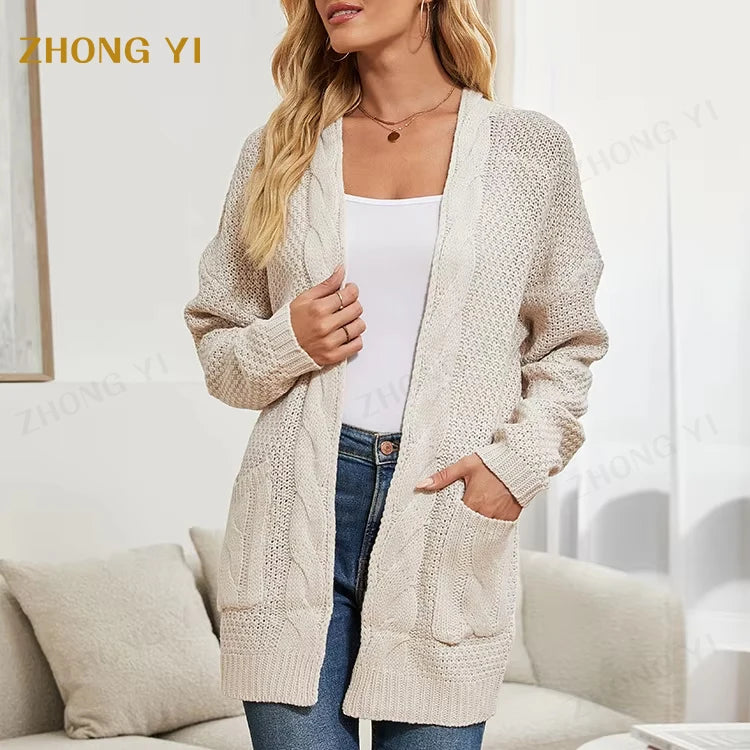 Factory Wholesale Women's Casual Cardigan Sweater Autumn and Spring New Long Coat Twisted Rope Solid Color Knitted Sweaters