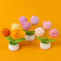 Delicate Colorful 3-Head Crochet Tulip Potted Plant with White Flowerpot Wholesale Woolen Knitted Flower Daily Ornament for Home