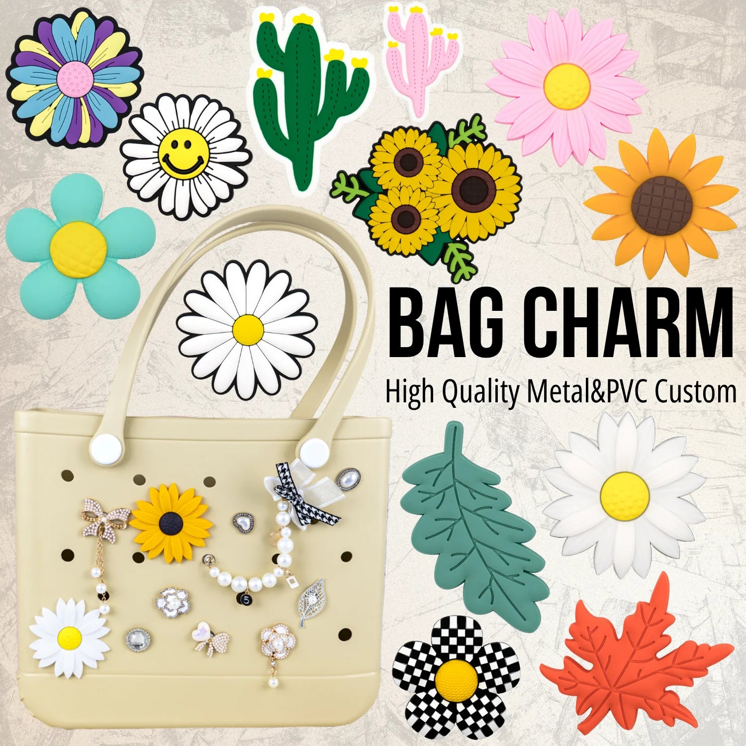 Wholesale Summer Floral Bag Charms Large PVC Sunflower Daisy Insert for Seaside Tote Bags Custom Beach Style Decor Bag Charms