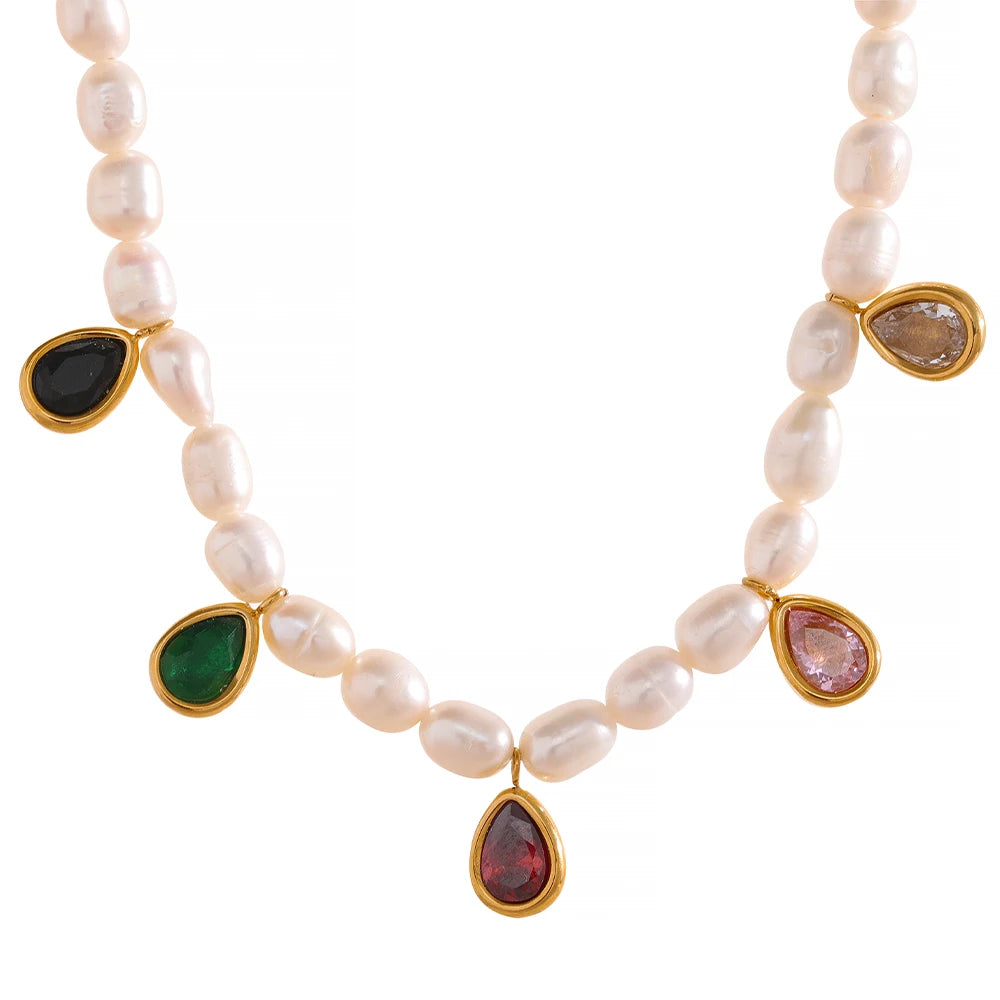 JINYOU 194 Luxury Natural Freshwater Pearl Colorful Cubic Zircon Stainless Steel Choker Necklace Waterproof Charm Gold Jewelry
