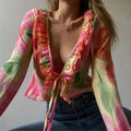 Fashion Boho Ruffle Blouse See-Through Lace V-Neck Tops for Women Long Sleeve Summer Shirt Party Beach Cropped Top
