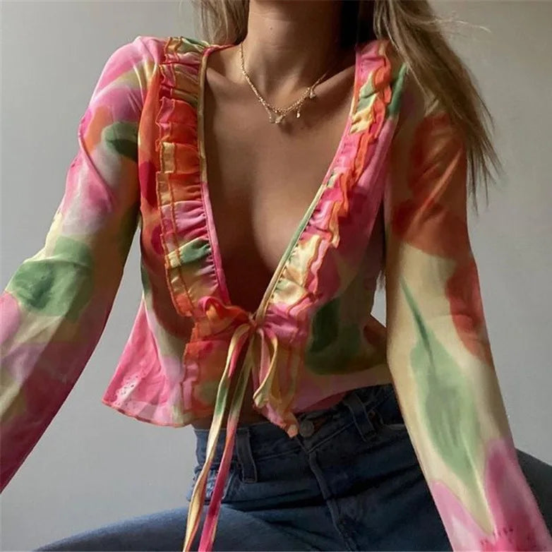 Fashion Boho Ruffle Blouse See-Through Lace V-Neck Tops for Women Long Sleeve Summer Shirt Party Beach Cropped Top