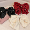 Women Korean Design Silver Alligator Clip Large 3 Layer Fabric Satin Pearl Hair Bow