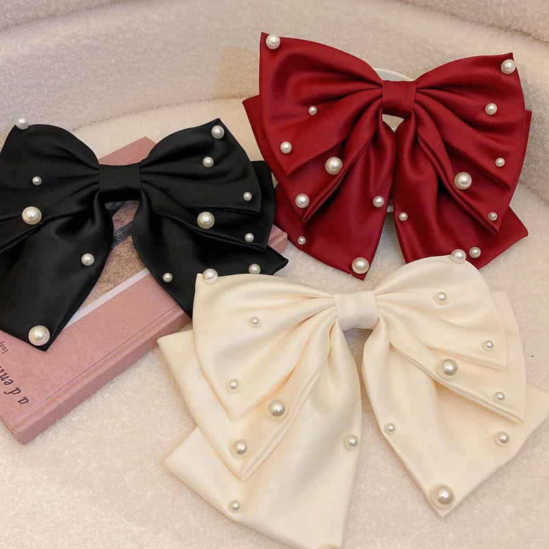 Women Korean Design Silver Alligator Clip Large 3 Layer Fabric Satin Pearl Hair Bow