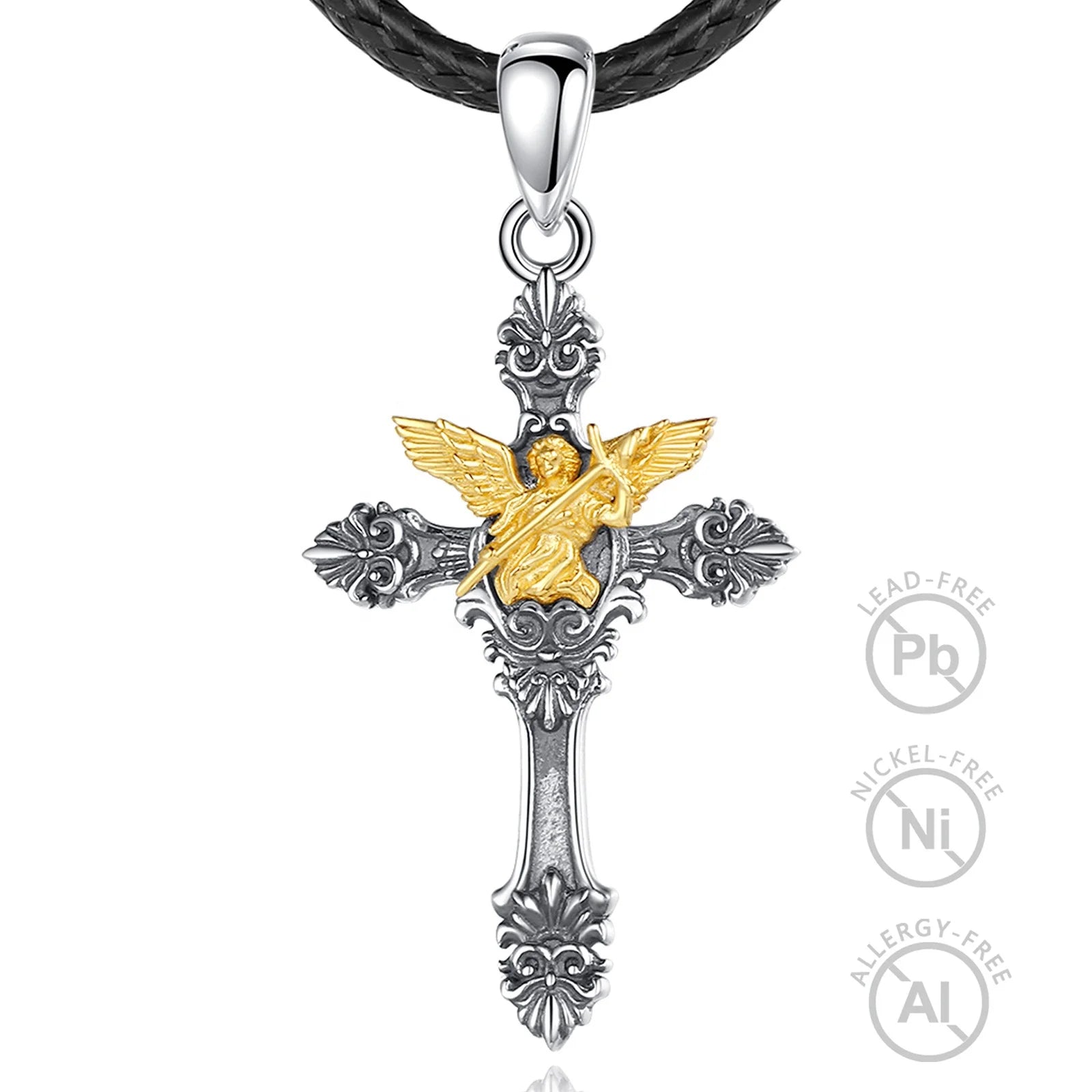 Religious Jewelry Real 925 Sterling Silver 18K Gold Plated St. Michael Faith Cross Pendant Necklace for Men or Women