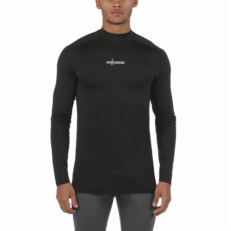 Customized Compression Shirt Black Long Sleeves Printing Gym Wear Muscle Turtleneck t Shirts for Men