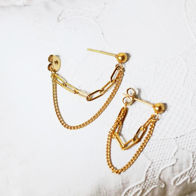 Simple Front to Back Chain Earrings Minimalist Bare Travel Jewelry Gold Chain Stud Earring Multiple Piercing Earrings