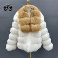 Winter Women Fluffy Warm Six Sections White Fox Fur Jacket Luxury Genuine Fox Fur Coat With Red Fox Collar