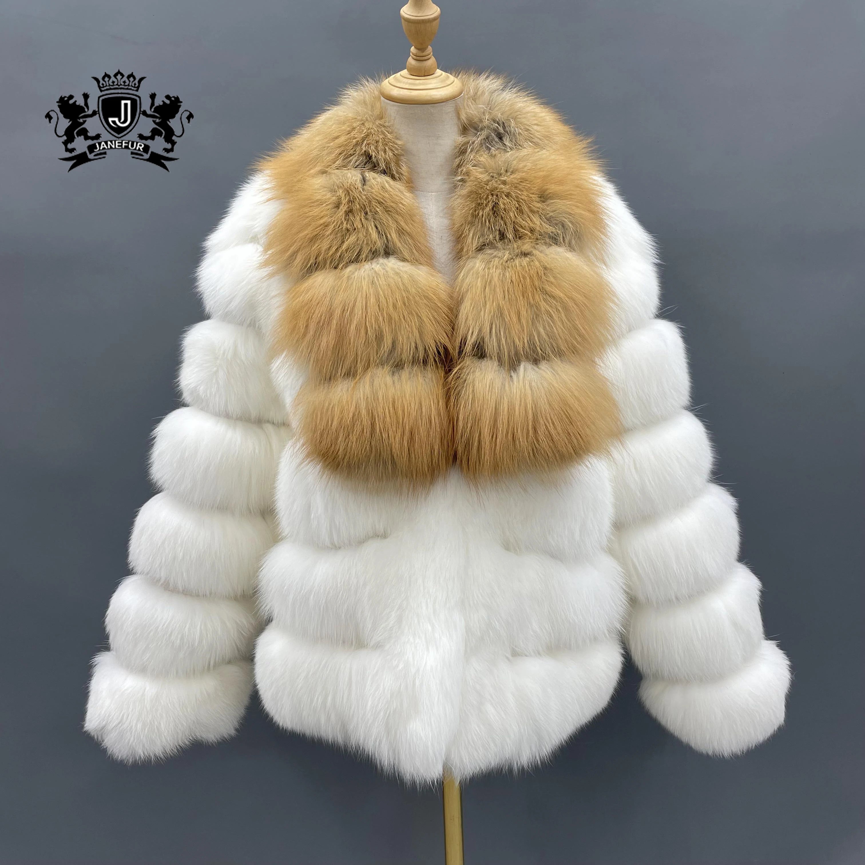 Winter Women Fluffy Warm Six Sections White Fox Fur Jacket Luxury Genuine Fox Fur Coat With Red Fox Collar