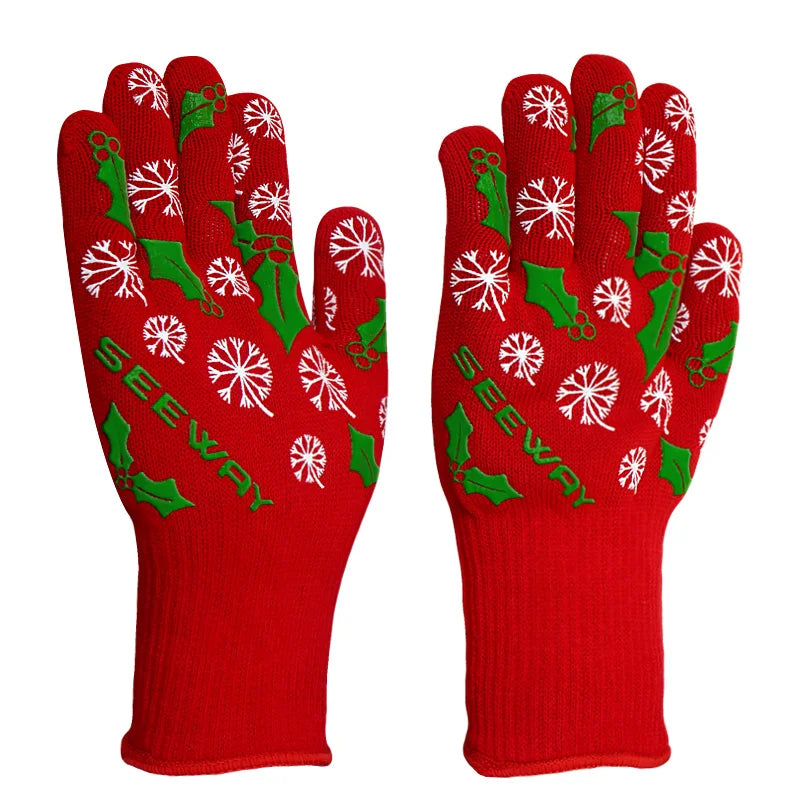 Seeway Oven Mitts Grilling Gloves CE Certified Slip-resistant Heat Resistant 350/662 Holiday Style Silicone Cotton BBQ