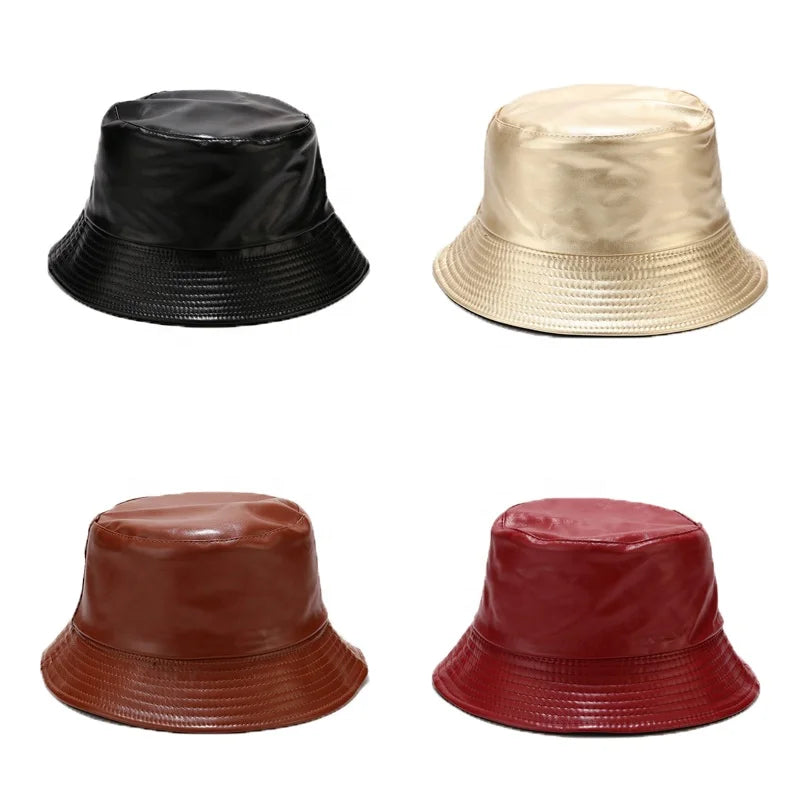 Landfond Accessory Vintage Reversible Fisherman Hat Pu Leather Foldable Flat Outdoor Bucket Hats