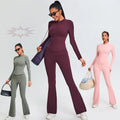 SHINBENE Women 2Pcs Long Sleeve Zip up Top and Flare Leggings Set Yoga Outfits Workout Sets for Women