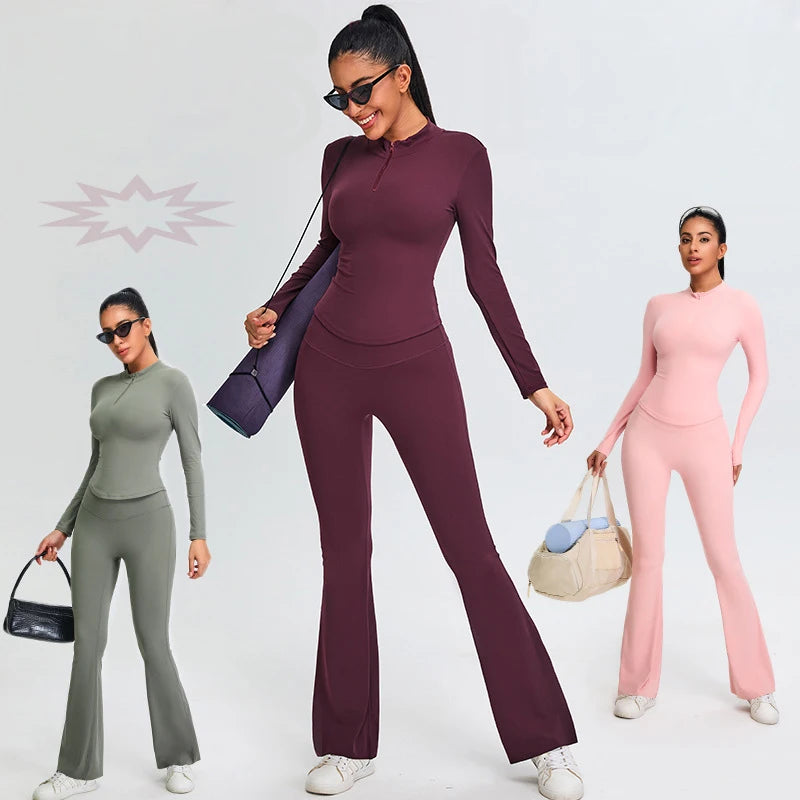 SHINBENE Women 2Pcs Long Sleeve Zip up Top and Flare Leggings Set Yoga Outfits Workout Sets for Women