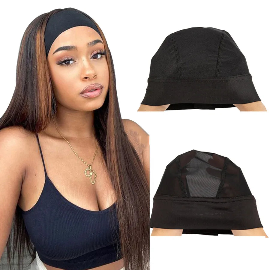 Wholesale Custom Summer Breathable Stretch Adjustable Strap Ice Silk Headband Dome Mesh Lace Wig Cap for Making Headband Wigs