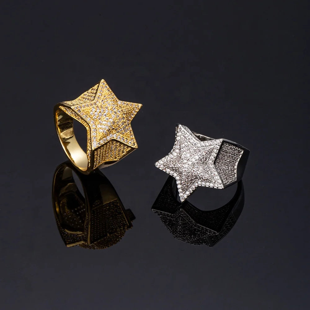 New Hip Hop Five Star Rings Silver Iced Out Cubic Zircon Ring Men Bling Party Jewelry Five-Pointed Fashion Jewelry Rings for Men