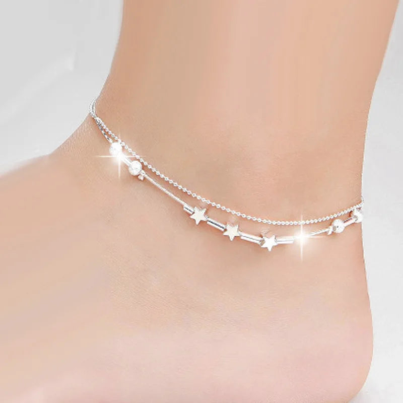 Silver Plated Anklet Female Korean Version Heart-shaped Simple Star Anklet