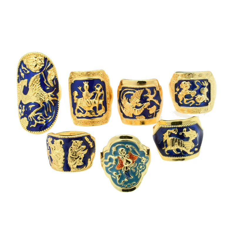 Factory Price Chinese Ancient Ethnic Style Blue Color Enameling Gold Silver Plating Adjustable Ring for Men and Women